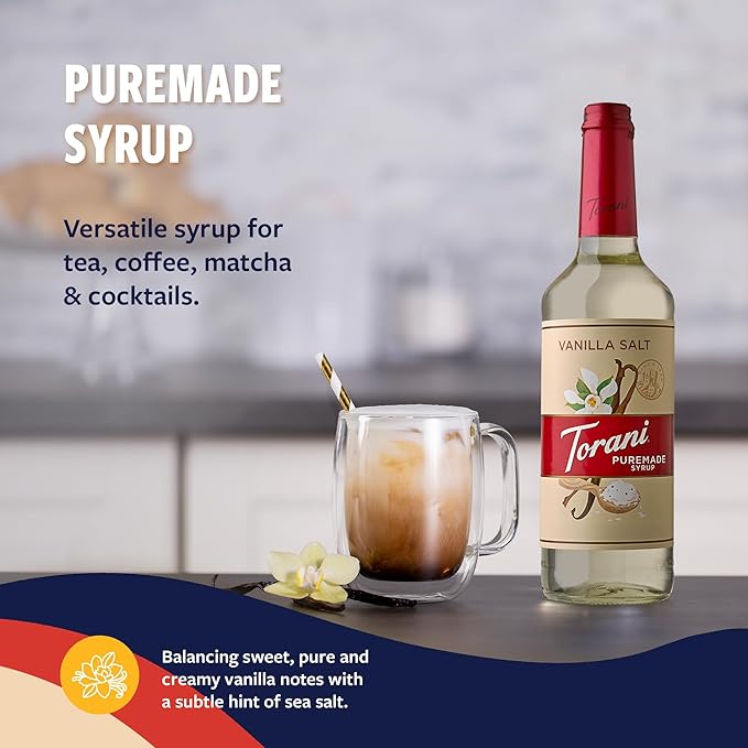 Torani Puremade Syrup, Vanilla Salt Flavoring for Drinks, Glass Bottle with Pump Included, 25.4 Fl Oz