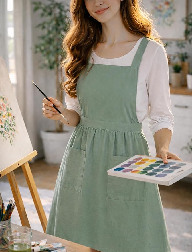 Pinknoke Cute Cotton Pinafore Aprons for Women with Pockets for Kitchen | Vintage Apron Dress,Adjustable Cross Back,2 Pockets,Long Straps,for Cooking Backing Gardening Painting Cleaning Gift Giving - Image 3