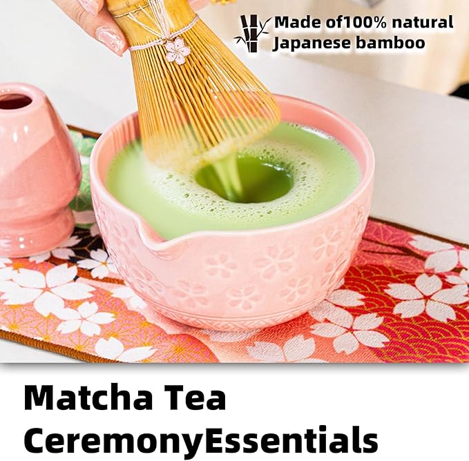 Matcha Whisk Set with Matcha Bowl, Matcha Bamboo Whisk, Scoop, Sifter, Matcha Whisk Holder Unique Gifts for Friend Home Kitchen Decor Gifts for Christmas, Birthday,Halloween(Green)
