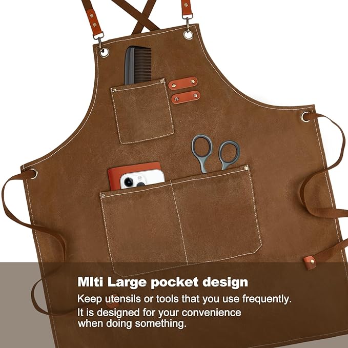 APRONPANDA Cross-Back Chef Aprons for Men Women with Pockets,Cotton Canvas Adjustable Cooking Work Apron for Kitchen