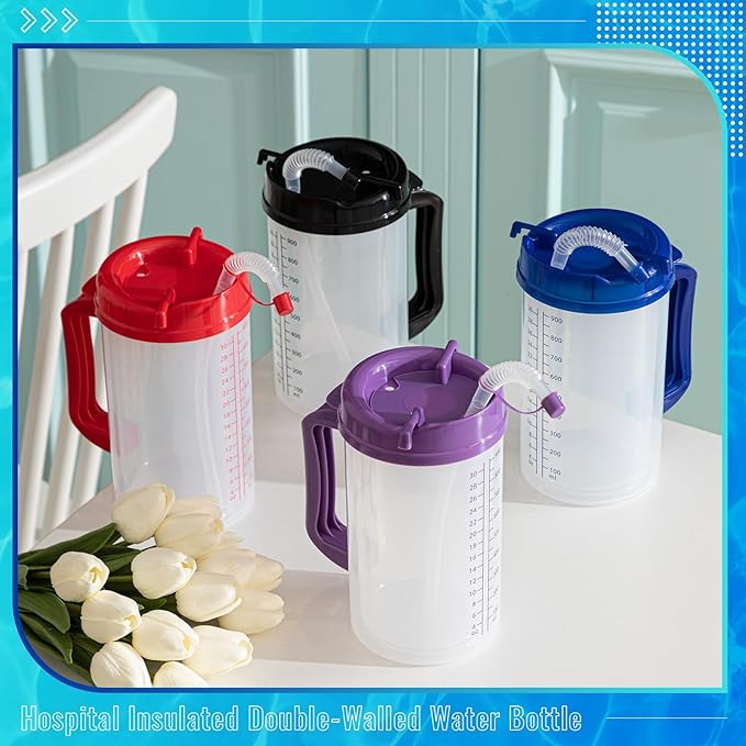 4 Pcs 32 oz Hospital Water Cup with Straw and Lid Insulated Double Walled Water Cup with Handle and Straw Elderly Bottle Plastic Drinking Carafe Insulated Mug (Red,Blue,Black,Purple)
