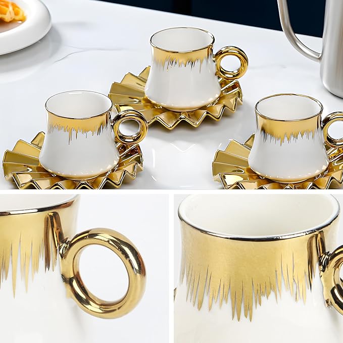Coffee Cup Set of 6 with Saucers, 3.5 OZ Ceramic Espresso Cups, Deco Gold Trim Coffee Cup Gift for Cappuccino, Latte, Cafe Mocha and Tea, Dishwasher & Microwave Safe (White and Gold)