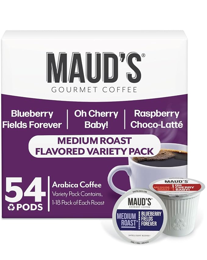 Maud's Blueberry, Cherry & Raspberry Chocolate Flavored Pods Bundle, 54 ct, Medium Roast Flavored Coffee in Single Serve Pods – 100% Arabica Coffee, Compatible with Keurig K Cups Maker by MAUDSCOFFEETEA