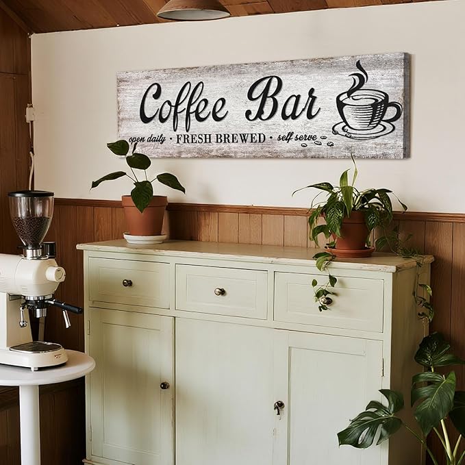 Rustic Wood Grain Coffee Station Decor - Retro Coffee Bar Signs for Kitchen - Self Serve Fresh Brewed Open Daily, Large Farmhouse Wall Hanging Plaque 12"x36"