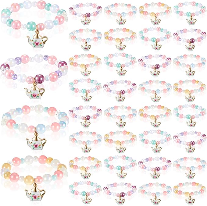 Ecally 36 Pcs Tea Party Favors Bracelet Gift Tea Pot Beaded Bracelet Bulk Party Supplies Pot Pendant Accessories Decorations for Kids Girl