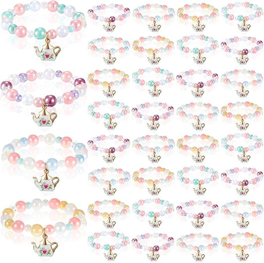 Ecally 36 Pcs Tea Party Favors Bracelet Gift Tea Pot Beaded Bracelet Bulk Party Supplies Pot Pendant Accessories Decorations for Kids Girl