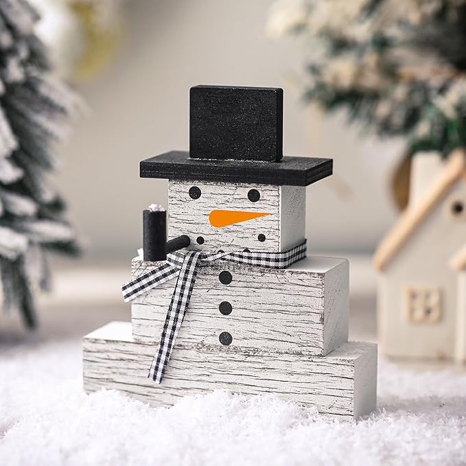 Geelin 4 Pcs Snowman Decor Winter Table Decorations Christmas Tiered Tray Decor Winter Centerpiece Decorations Indoor Rustic Wooden Snowman Block Sign Gift for Home Table Kitchen Shelf