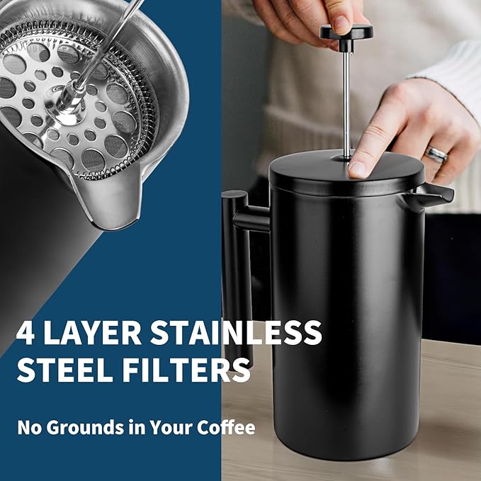 MERMOO YILAN French Press 34oz Insulated Stainless Steel Coffee Maker Unbreakable Coffee Press Easy to Clean for Home, Camping, Travel (Black)