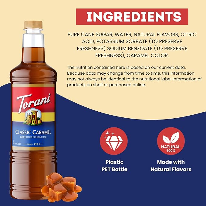 Torani Classic Caramel Syrup 1 Liter Bottle with Pump – Premium Coffee Flavoring with Pure Cane Sugar, Natural Caramel Flavor for Lattes, Desserts, Cocktails & More - Image 5