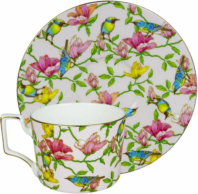 Vintage 8 Ounces Teacup and Saucers Set Floral Tea Cups Set Bone China TeaCups Coffee Tea Cup for Tea Party Women Mom (Pink)