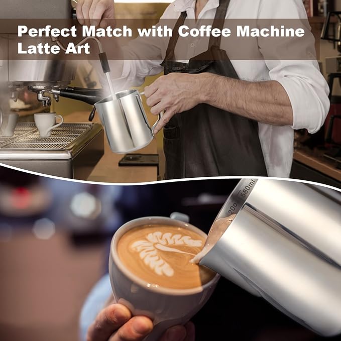 Milk Frothing Pitcher,Milk Steaming Frother Cup,Barista Cappuccino Latte Art Milk Jug with Decorating Pen,Stainless Steel Espresso Coffee Bar Accessories Tools (Silver, 20oz)