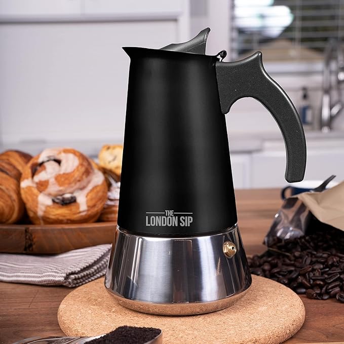 London Sip Stainless Steel Stovetop Espresso Maker Moka Pot Italian Coffee Percolator, Matte Black, 3 Cup
