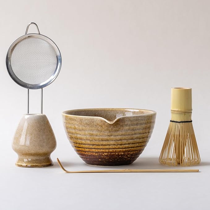 Traditional Matcha Tea Ceremony Set with Ceramic Bowl, Bamboo Whisk, Stand and Strainer, 5-Piece (yellow)
