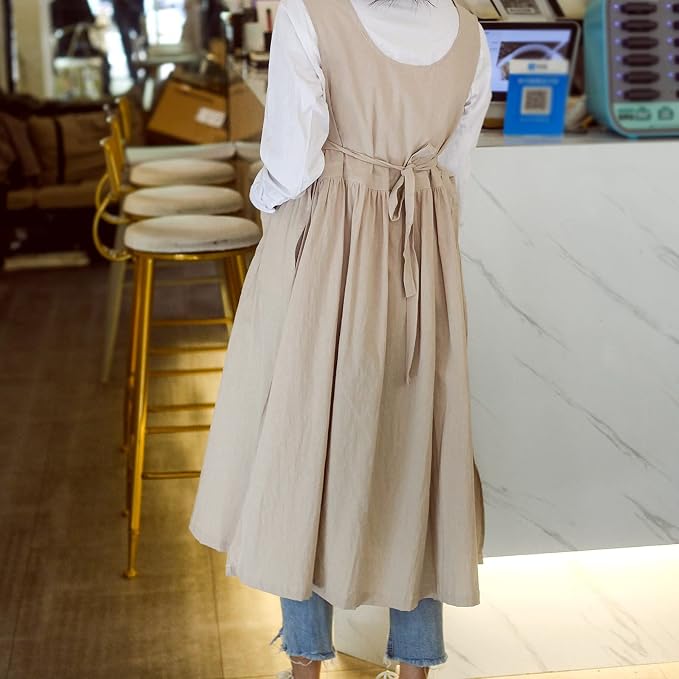 Premium Plus Size Apron Adjustable Waistline Bib Apron,Soft Cotton Blend Apron with Pockets (Cream Color) - Image 4
