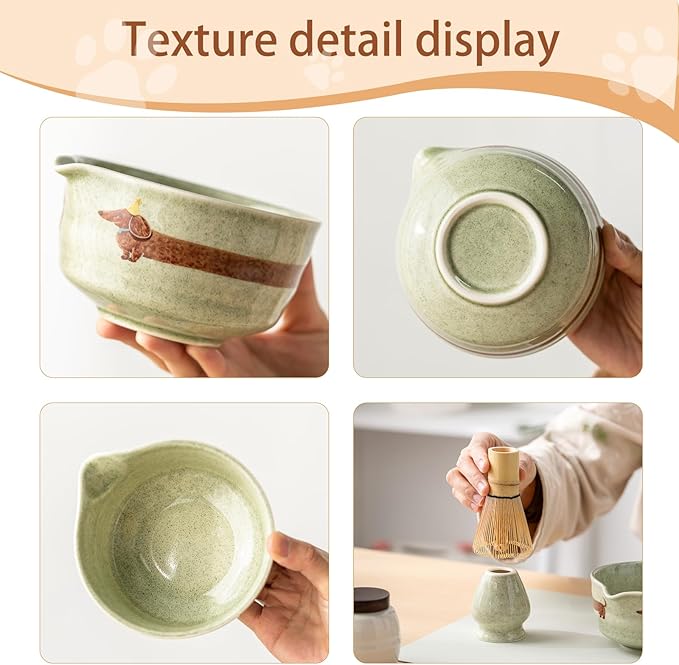 Matcha Set with Dog Pattern, Japanese Matcha Whisk Set Includes Matcha Bowl with Spout, Whisk Holder, Bamboo Whisk and Scoop, Matcha Sifter, 17 oz Ceramic Matcha Kit for Tea Lovers (Mottled Green)