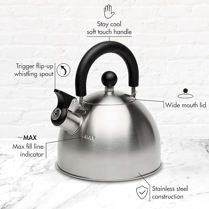 Primula Stewart Whistling Stovetop Tea Kettle Food Grade Stainless Steel, Hot Water Fast to Boil, Cool Touch Folding, 1.5-Quart, Brushed with Black Handle
