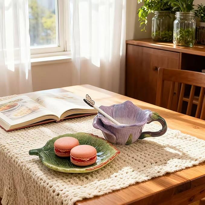 Ceramic Tea Cup and Saucer Set ，6OZ 3D Hand-Painted Flower and Lotus Leaf Coffee Mug，Gift for Women- Pinkish Purple Rose