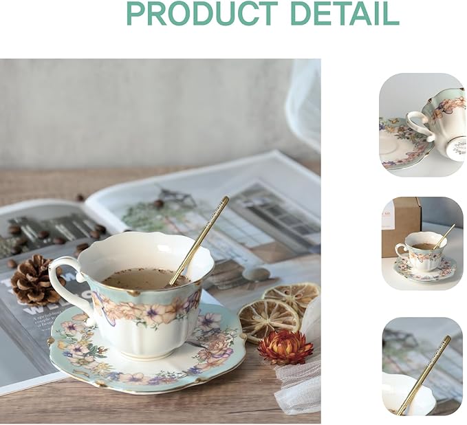 Vintage Floral Porcelain Tea Cup and Saucer Set with Spoon, Gold Trim, 6.4 oz – Set of 2, Teal – Tea & Espresso & Coffee Cups (2, Teal)