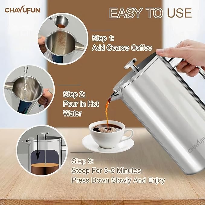 Premium Stainless Steel French Press Coffee Maker (5 Pack Filter)- 34oz/1L Thermal Insulated, 304 Rust-Proof Metal Press - Heat-Resistant Ergonomic Handle BPA Free(Dishwasher Safe)