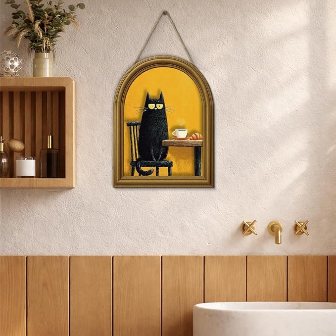 3D Funny Black Cat Coffee Wall Art Sign, Cute Cat with Coffee and Croissant Decor Sign for Kitchen Dining Room Cafe Table Wall Desk Decor 8x10 Inch