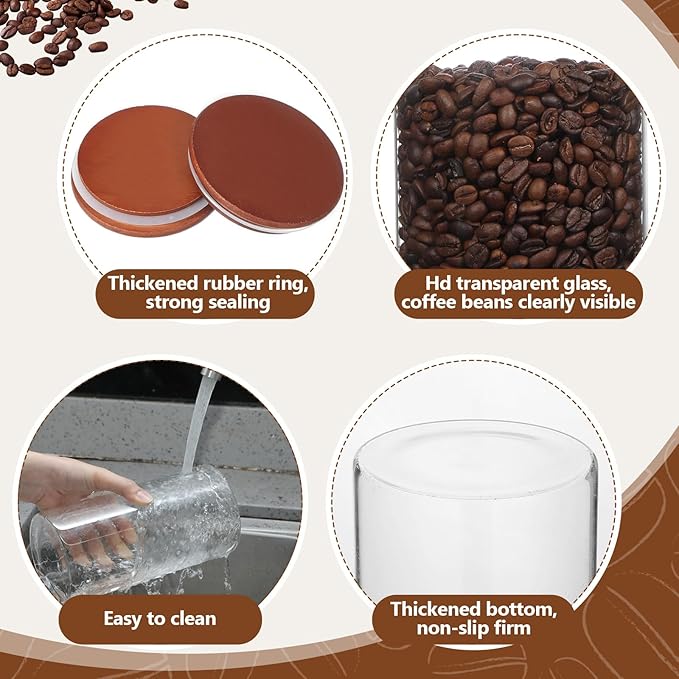 Suclain 3 Pcs Glass Coffee Bean Container 44 oz Airtight Coffee Canister with Shelf and Measuring Spoon Kitchen Food Canister Jar for Sugar Candy (Classic Style, Wood, Glass, Stainless Steel)