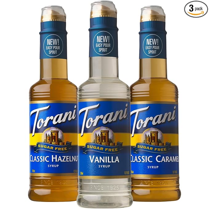 Torani Sugar Free Coffee Syrup, Vanilla, Caramel, and Classic Hazelnut Variety 3-Pack, Flavoring for Drinks, New Easy-Pour Spouts Included, Half-Size Bottles, 12.7 Fl Oz Ea by Torani