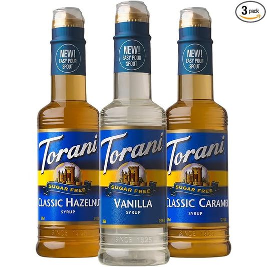 Torani Sugar Free Coffee Syrup, Vanilla, Caramel, and Classic Hazelnut Variety 3-Pack, Flavoring for Drinks, New Easy-Pour Spouts Included, Half-Size Bottles, 12.7 Fl Oz Ea by Torani