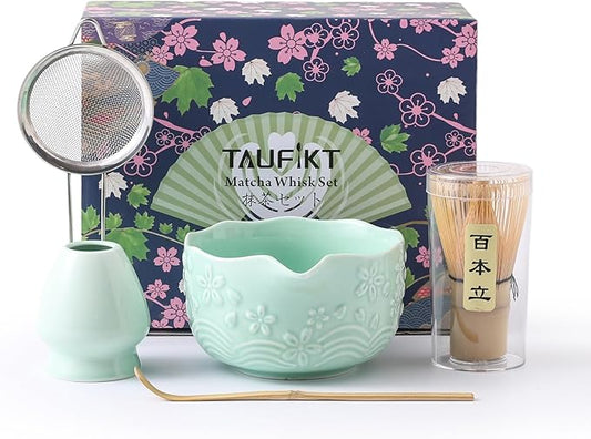 Matcha Whisk Set, 5 Pcs Ceramic Matcha Set, Matcha Kit Set Includes Matcha Bowl, Matcha Whisk and Holder, Bamboo Scoop and Sifter, Matcha Tea Set, Ideal Gift for Family/Friend (Green)