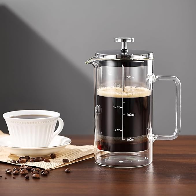 Bincoo French Press Coffee Maker 600ML,Double Wall Insulated Borolicate Glass French Press for Tea and Frothed Milk Press