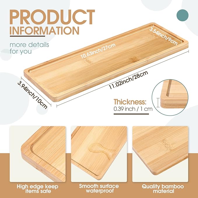 Chengu 3 Pcs Bamboo Vanity Trays for Bathroom Small Wooden Serving Tray for Bathroom Counter Food Appetizer Tea Dessert Kitchen Candle Tissue Toilet Tank Home Decor, 11 x 4 Inch(Rectangle Edge Style)