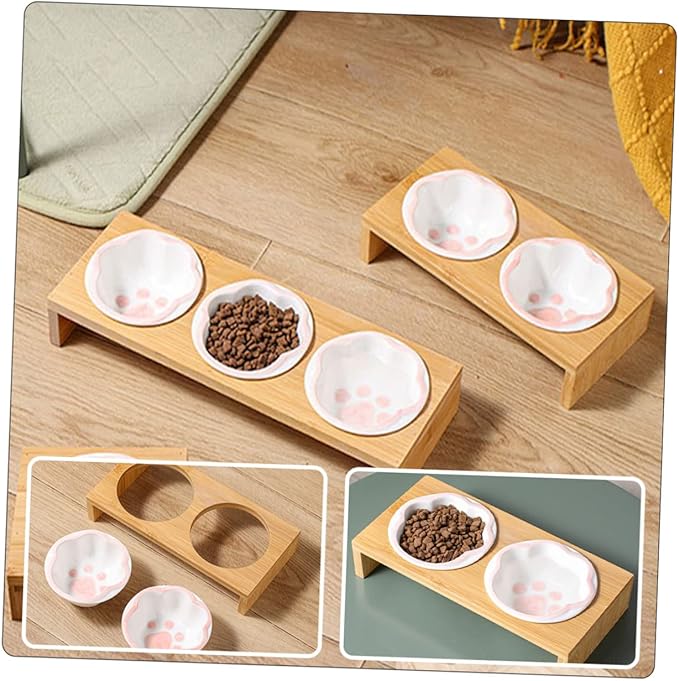 TOYANDONA Ceramic Raised Cat Bowl Whisker-Friendly Design Bamboo Stand for Kitten Feeding Easy to Clean