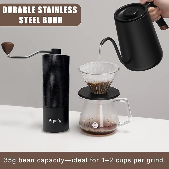 Pipa’s Manual Coffee Bean Grinder with Brush (35g) | Stainless Steel Burr Mill, Adjustable Coffee Grinder for Espresso, Pour Over, French Press & Cold Brew | Coffee Hand Grinder for Home & Outdoor