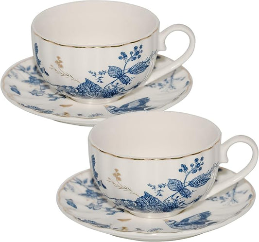 Tea Cups and Saucers Coffee Cappuccino Espresso Latte Cup Mugs Special Gold Line Ceramic Cup Porcelain Tea Cups Set of 2 (7 oz) for Gifts,Party,Gatherings, Afternoon Teas,Receptions