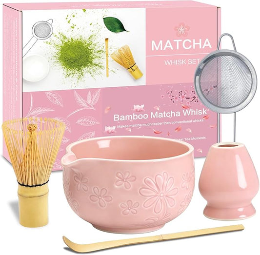 Matcha Whisk Set, Pink Ceramic Matcha Making Kit with Traditional Bamboo Whisk, Matcha Bowl, Scoop, Sifter and Stand, Authentic Japanese Style Matcha Set for Perfect Homemade Matcha Tea