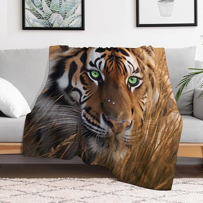 Beautiful Tiger Animal Nature Forest Super Soft Throw Blanket, Rustic Grass Brown Flannel Fleece Decorative Throw for Sofa Couch Bedroom Decor Outdoor Use 60"x80"