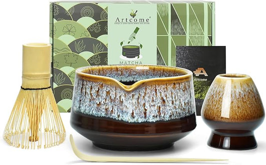 Artcome Matcha Tool Set - Complete Kit with Matcha Bowl with Spout, Bamboo Whisk, Tea Scoop & Whisk Holder, Golden Glaz
