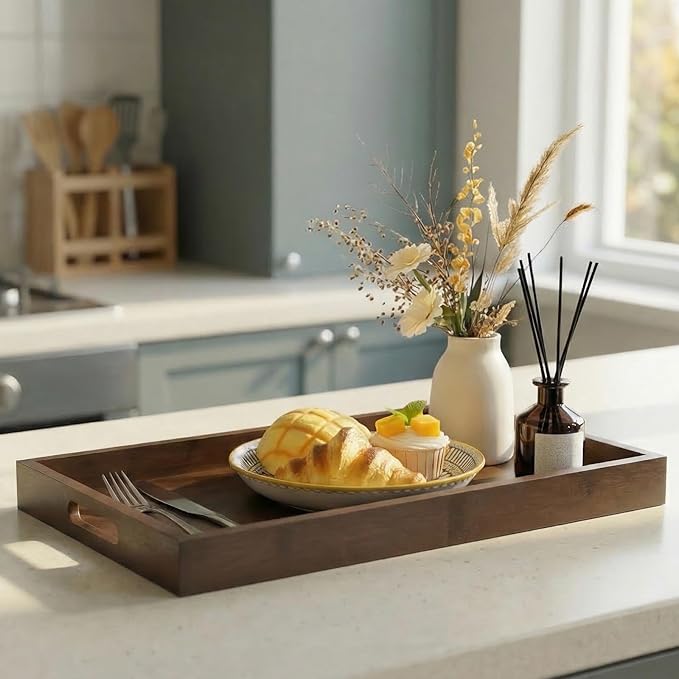 17.3‘’x11.8''x1.57''Large Bamboo Wooden Tray with Handles, Rectangular Natural Solid Wood, Walnut Brown Color Serving Tray.Suitable for Kitchen,Bedroom,Breakfast,Coffee,Decorative,Party Bars.