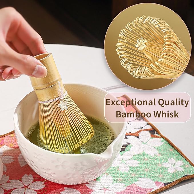 8-Piece Matcha Ceremony Set - Tea Kit with Cherry Blossom Bowl, Bamboo Whisk, Wood Scoops, Tea Cloth & Floral Display - Gift-Ready Pink Cherry color box (white)