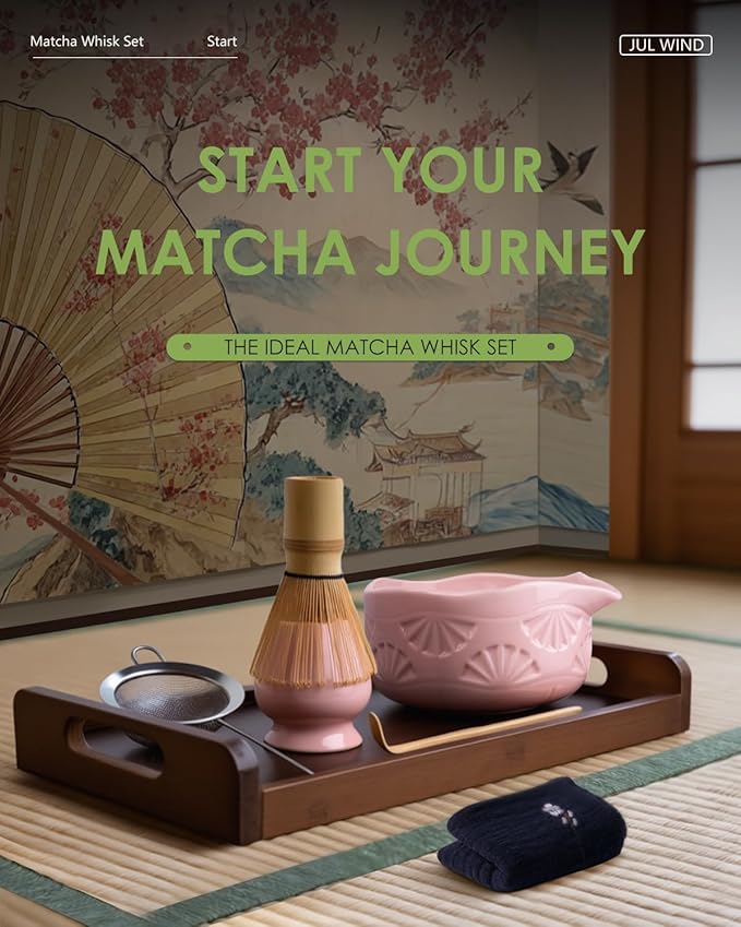 Matcha Whisk Set, Ceramic Matcha Set Includes Matcha Bowl with Spout, Matcha Whisk and Holder, Bamboo Scoop, Sifter and Tea Towel - 6 Pcs Matcha Kit Gift for Matcha Lovers (Pink)