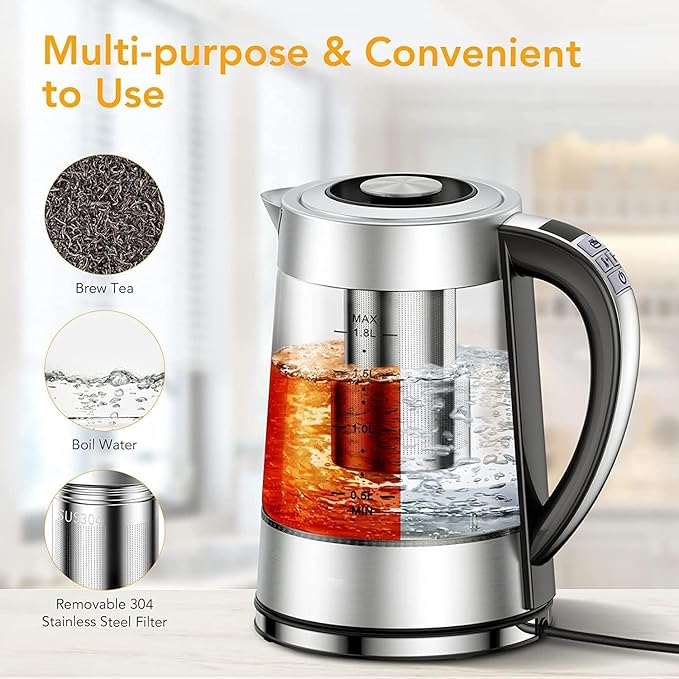 Electric Kettle with Temperature Control for Tea and Coffee, 1.8L 1500W, Keep Warm - Removable Infuser, Glass Tea Kettle Hot Water Boiler, BPA Free, Auto Shut Off, Boil-Dry Protection, Stainless Steel