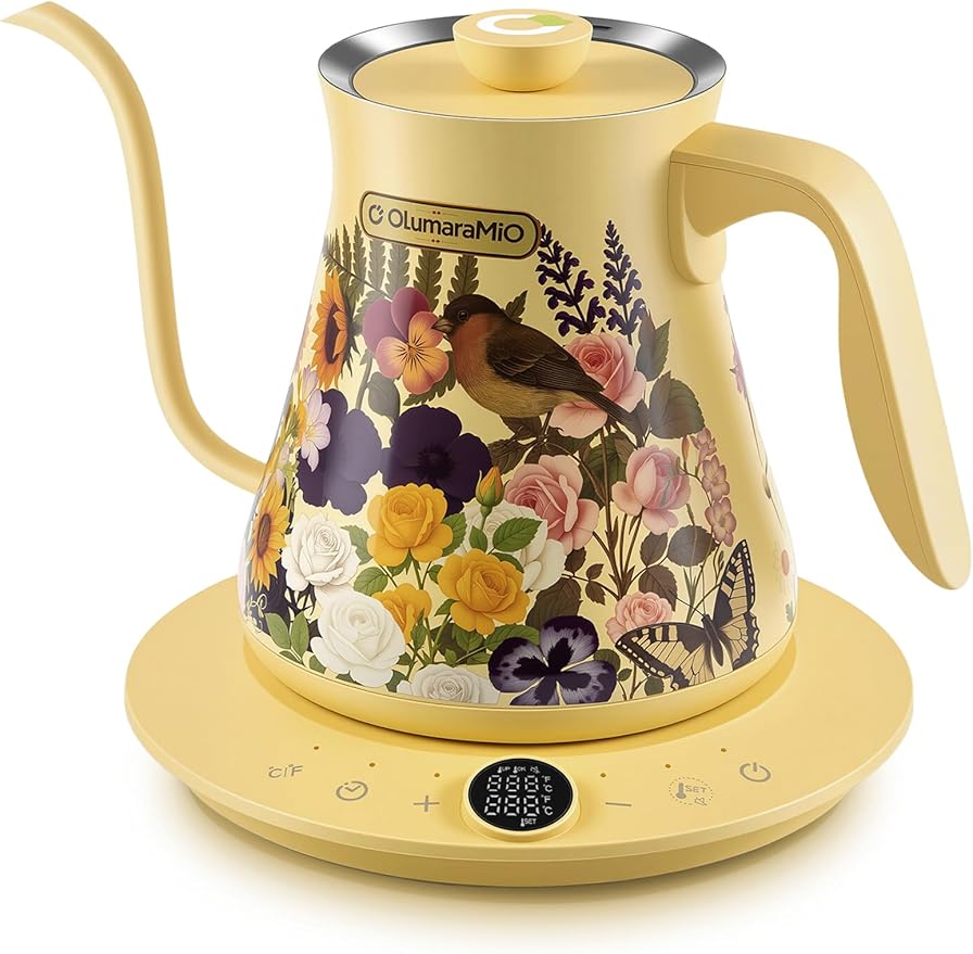 Olumaramio 0.8L/27oz Gooseneck Electric Kettle - ±1℉ Precise Temperature Control for Pour Over Coffee & Tea, 1200W Fast Heating, Auto Shut-Off, Built-in Brew Timer, BPA-Free Stainless Steel, Floral