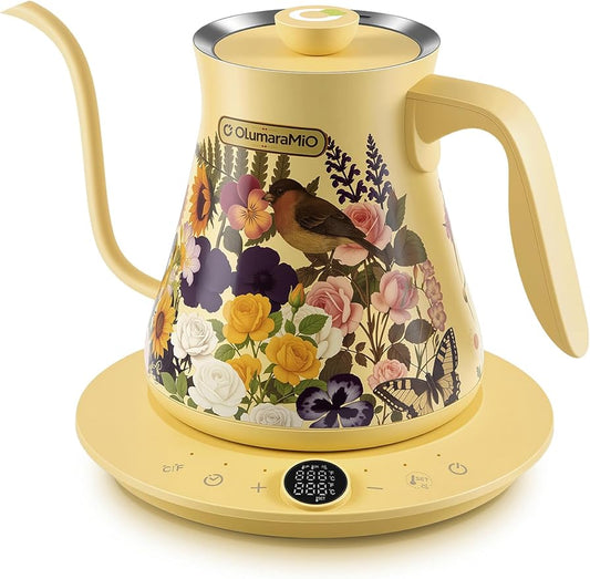 Olumaramio 0.8L/27oz Gooseneck Electric Kettle - ±1℉ Precise Temperature Control for Pour Over Coffee & Tea, 1200W Fast Heating, Auto Shut-Off, Built-in Brew Timer, BPA-Free Stainless Steel, Floral