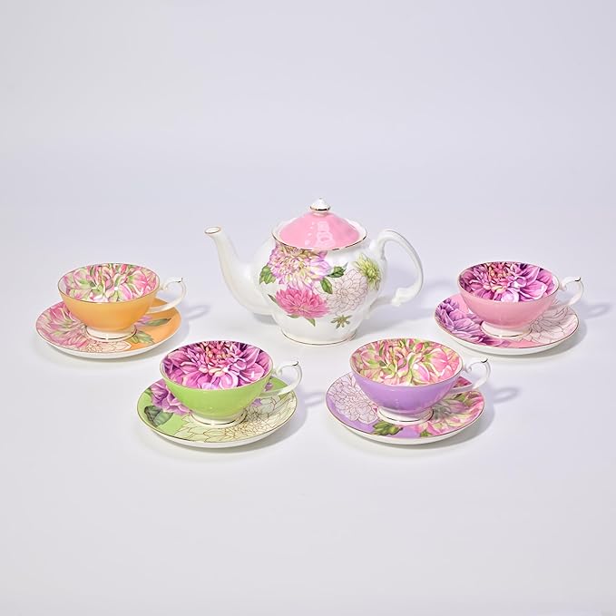 Bone China Teapot, English Teaset, Dahlia Floral Design with Golden Rim, 37 Oz