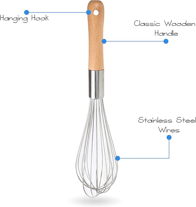 Classic Stainless Steel Wooden Handle Whisk 11-Inch | Perfect Whisking Size | Kitchen Whisk for Beating, Blending, Whisking, Stirring, Cooking, Egg, Flour | by Kitchen Delight