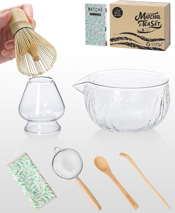 Matcha Whisk Set, 7 Pcs, Matcha Kit Includes Matcha Bowl, Matcha Whisk and Holder, Bamboo Scoop, Spoon, Sifter and Tea Towel, Matcha Set, Gift for Matcha Lovers & Beginners (Transparent Color)