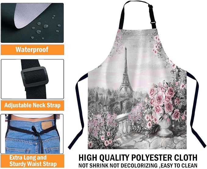 Gray and Pink Oil Painting for Paris Eiffel Tower Bib Apron with Adjustable Neck for Men Women,Suitable for Kitchen Cooking Chef Grill Bistro BBQ Apron - Image 3