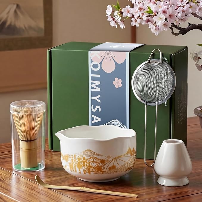 Traditional Matcha Tea Set Kit White, Japanese Matcha Making Tools Ceramic Bowl and Whisk Holder Accessories Gift Set for Women Friends