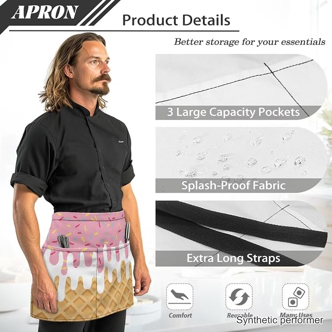 Waist Apron with 3 Pockets Waterproof 13 Inch Short Half Waist Aprons Women Men Server Aprons Waitress Waiter Apron - Image 6