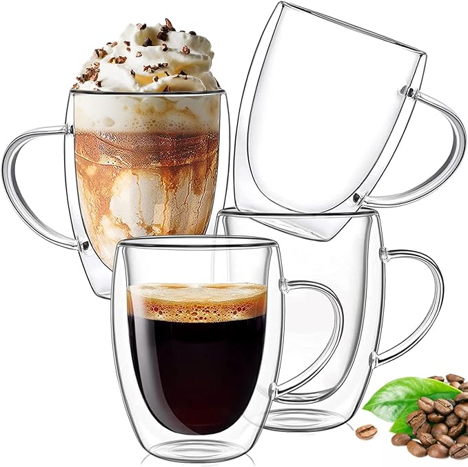 12 oz Double Walled Glass Coffee Mugs, Clear Glass Mug Set of 4, Insulated Borosilicate Glass Coffee Cups with Handle, Espresso Mugs for Cappuccino, Latte, Tea, Hot/Cold Drink