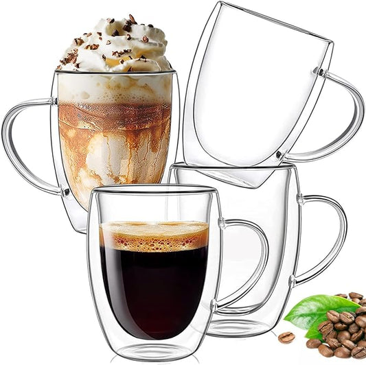 12 oz Double Walled Glass Coffee Mugs, Clear Glass Mug Set of 4, Insulated Borosilicate Glass Coffee Cups with Handle, Espresso Mugs for Cappuccino, Latte, Tea, Hot/Cold Drink